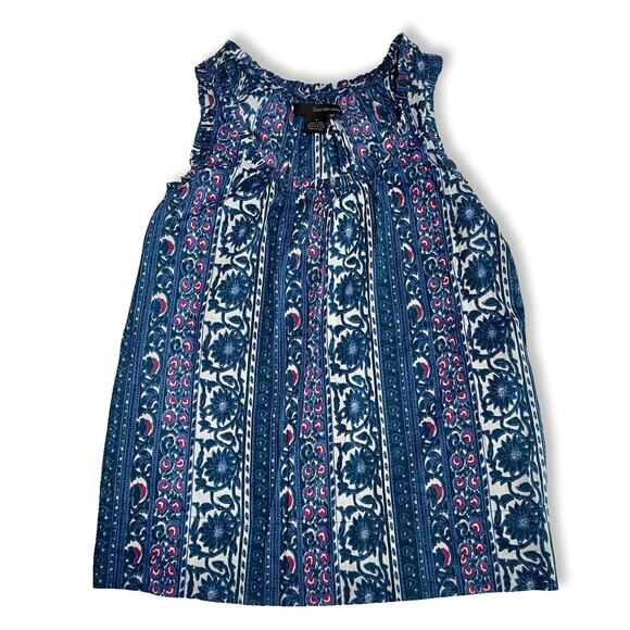 Calvin Klein Navy Floral Tunic Tank Top M Cotton Boho Pockets Ruffle - Picture 3 of 10